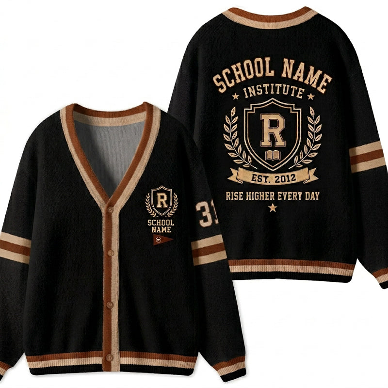 Personalized School Name Crest Est Year Slogan Teacher Ugly Cardigan Sweater