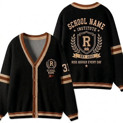 Personalized School Name Crest Est Year Slogan Teacher Ugly Cardigan Sweater