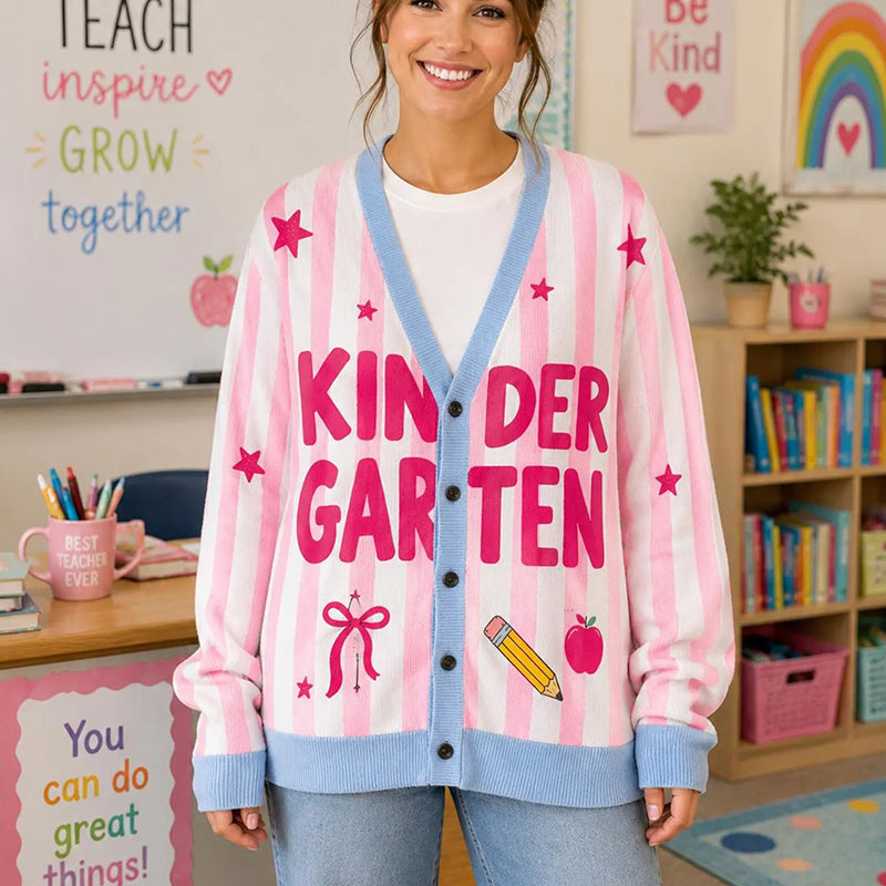 Personalized Name And Grade Preppy Stripes Pencil Apple Teacher Ugly Cardigan Sweaters