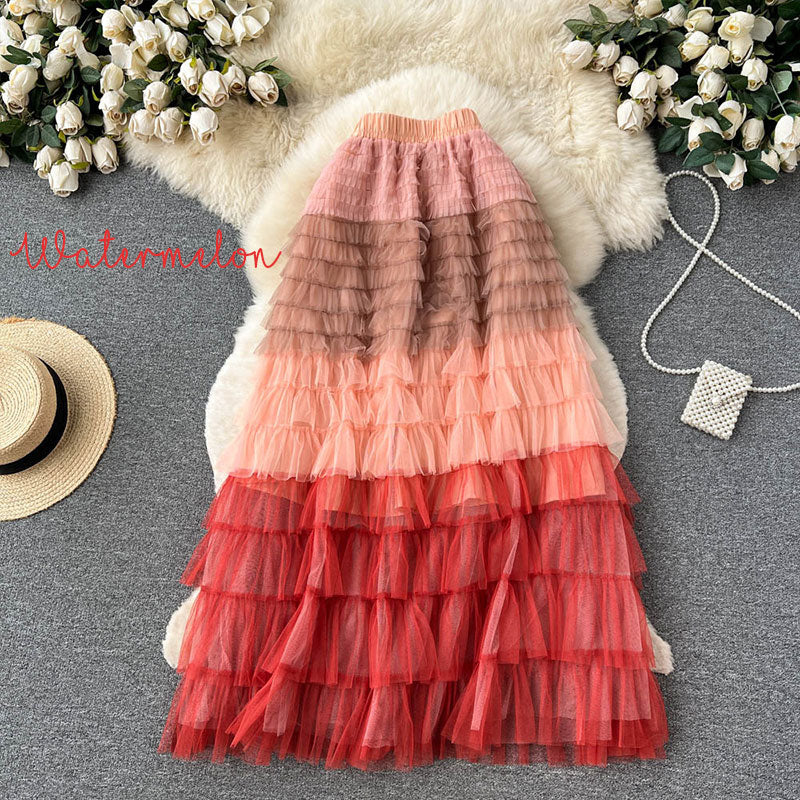 Gradient Color Irregular Mesh Long Cake Skirt Dress