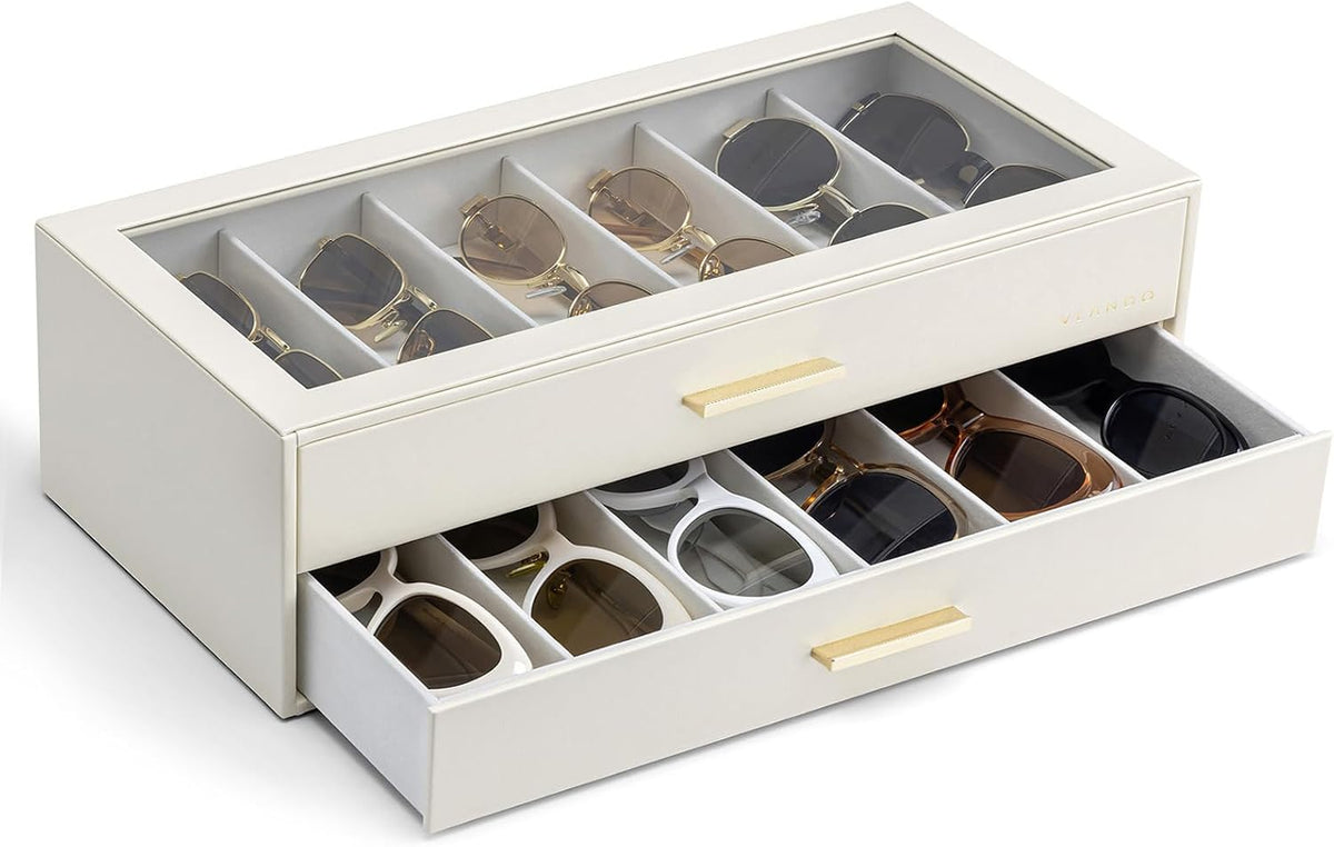 12-Slot Sunglasses Organizer Case with Clear Lid & Drawers – Velvet Eyewear Storage Box for Sunglasses, Glasses & Reading Frames, Vanity and Closet Organization