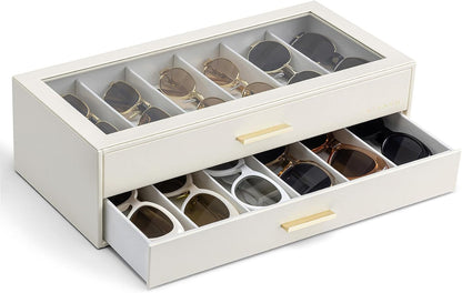 12-Slot Sunglasses Organizer Case with Clear Lid & Drawers – Velvet Eyewear Storage Box for Sunglasses, Glasses & Reading Frames, Vanity and Closet Organization
