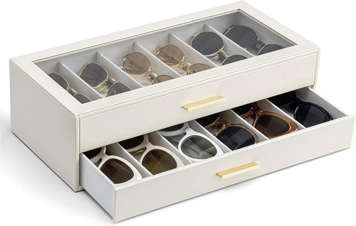12-Slot Sunglasses Organizer Case with Clear Lid & Drawers – Velvet Eyewear Storage Box for Sunglasses, Glasses & Reading Frames, Vanity and Closet Organization