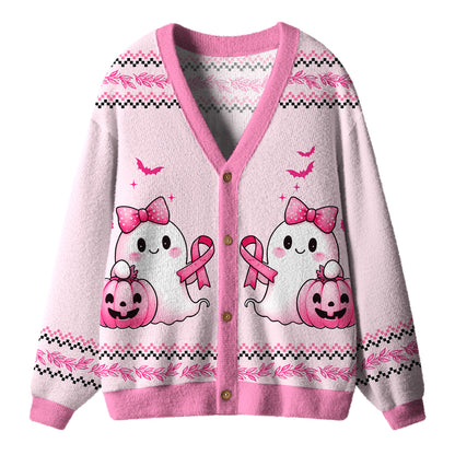 In October We Wear Pink Cute Ghost Pumpkin Ribbon Halloween Teacher Cardigan Sweater