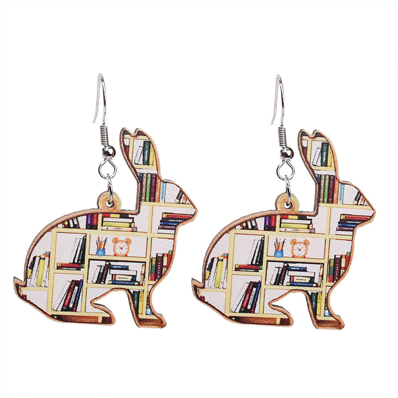 Bookcase Rabbit Teacher Wooden Earrings