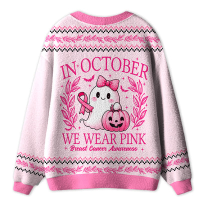 In October We Wear Pink Cute Ghost Pumpkin Ribbon Halloween Teacher Cardigan Sweater