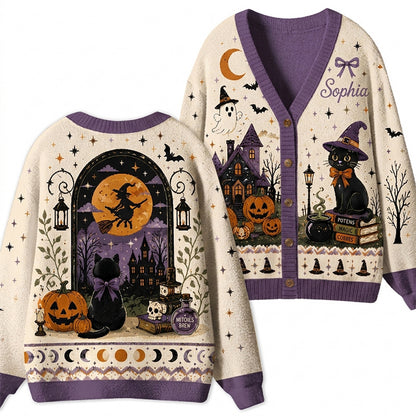 Personalized Name Halloween Black Cat Witch Pumpkin Teacher Ugly Cardigan Sweaters