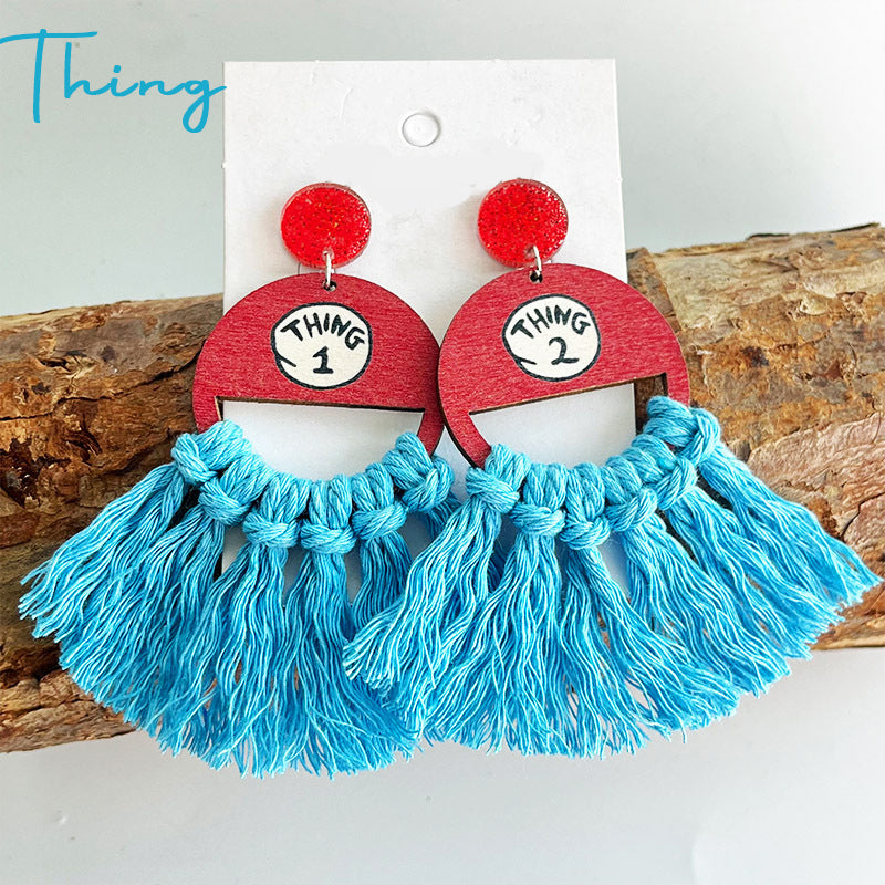 Bohemian Handwoven Tassel Fan Teacher Wooden Earrings