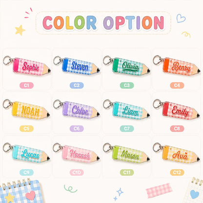 Personalized Name Gingham Pencil Teacher Keychain