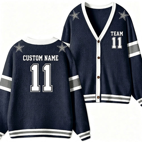 Personalized Name And Number Star Varsity Striped Teacher Ugly Cardigan Sweaters