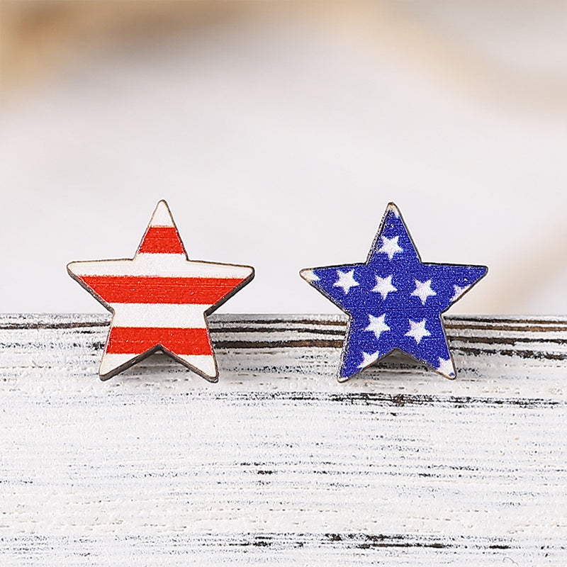 Pentagram Heart Shaped American Flag Teacher Wooden Earrings