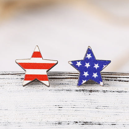 Pentagram Heart Shaped American Flag Teacher Wooden Earrings