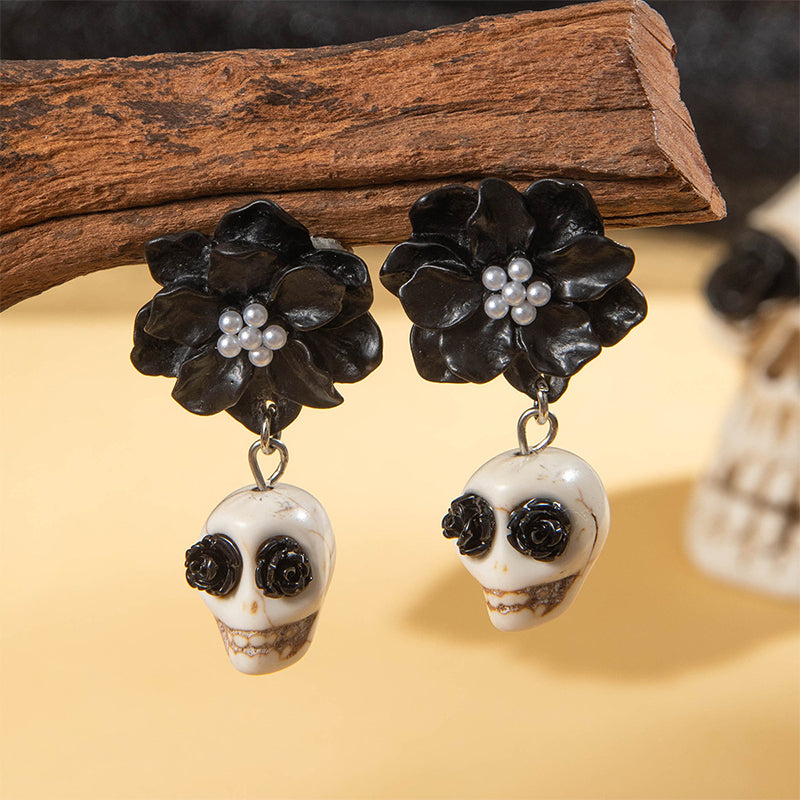Skull Black Camellia Teacher Acrylic Earrings