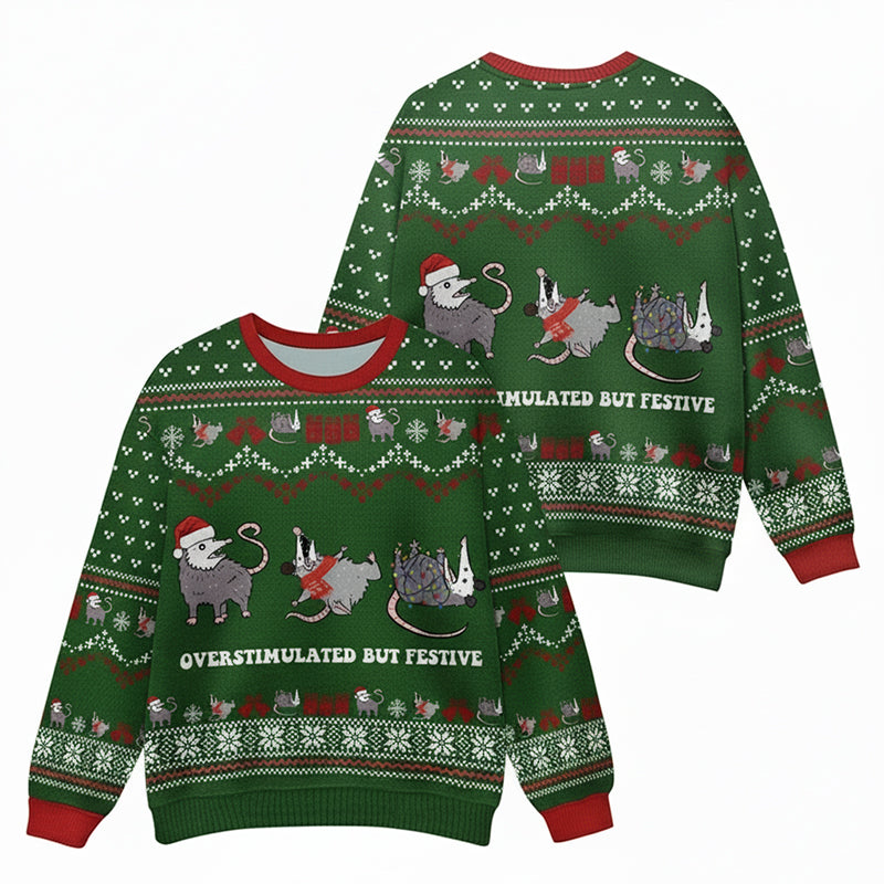 Overstimulated But Festive Possum Teacher Ugly Fluffy Sweatshirt