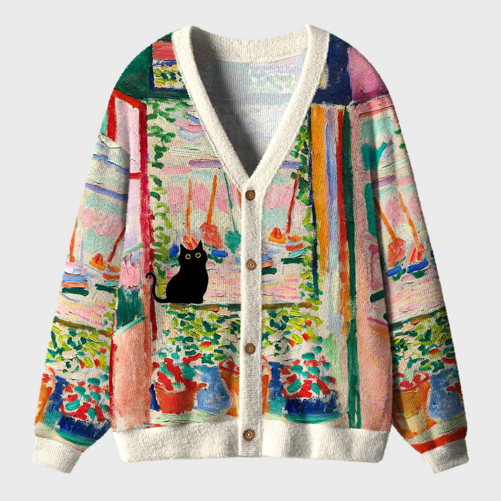 Black Cat In The Garden Teacher Ugly Cardigan Sweaters