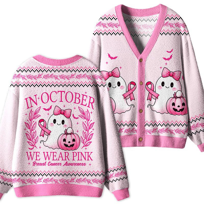 In October We Wear Pink Cute Ghost Pumpkin Ribbon Halloween Teacher Cardigan Sweater