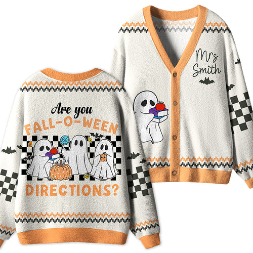Personalized Fall_O_Ween Ghost Teacher Ugly Cardigan Sweaters