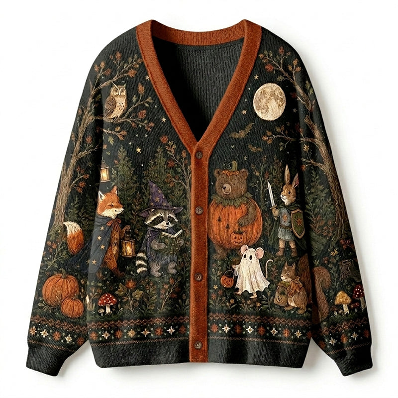 Halloween Forest Animal Scene Jacquard Knit Teacher Ugly Cardigan Sweaters