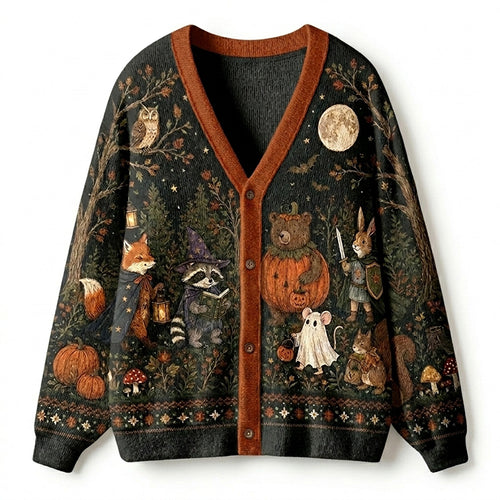 Halloween Forest Animal Scene Jacquard Knit Teacher Ugly Cardigan Sweaters