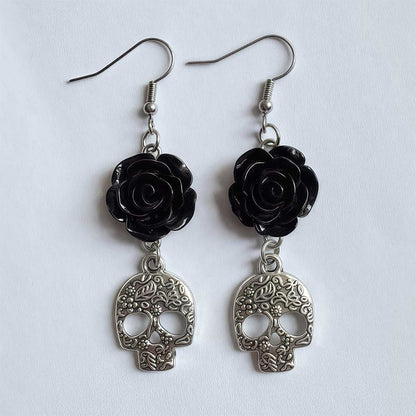 Black Rose Silver Skull Teacher Metal Earrings