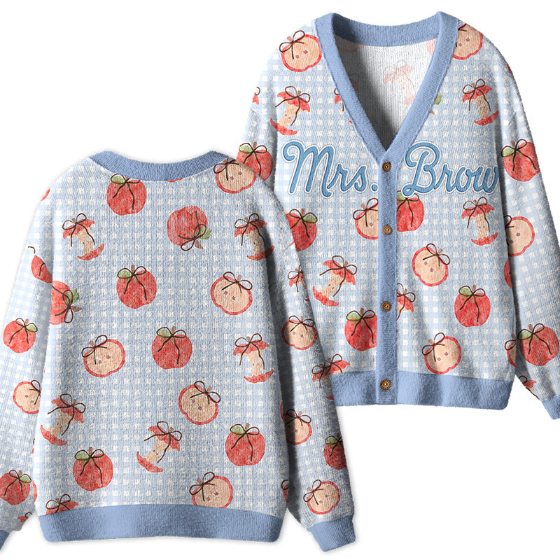 Personalized Name Apple Gingham Teacher Ugly Cardigan Sweaters
