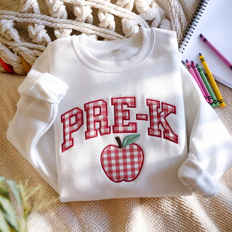 Personalized Grade Gingham Apple Patchwork Embroidered Teacher Sweatshirt