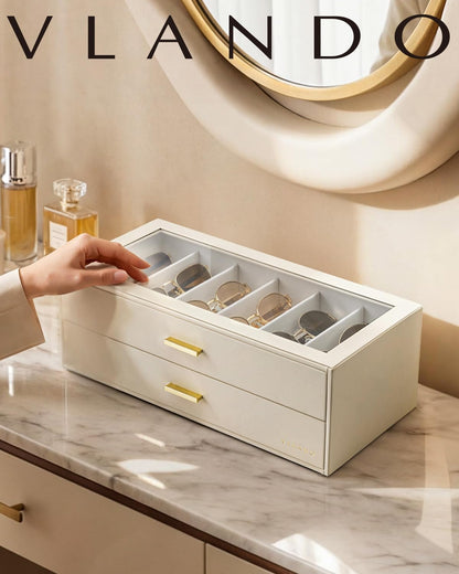 12-Slot Sunglasses Organizer Case with Clear Lid & Drawers – Velvet Eyewear Storage Box for Sunglasses, Glasses & Reading Frames, Vanity and Closet Organization