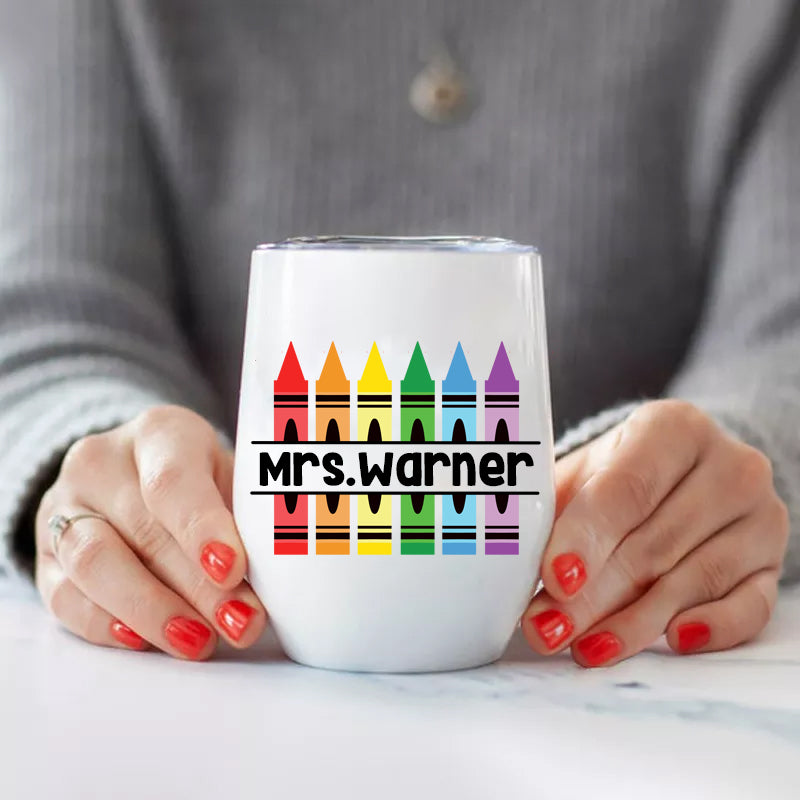 Personalized Cartoon Crayon Teacher Name  Wine Tumbler