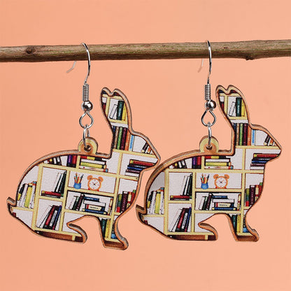 Bookcase Rabbit Teacher Wooden Earrings