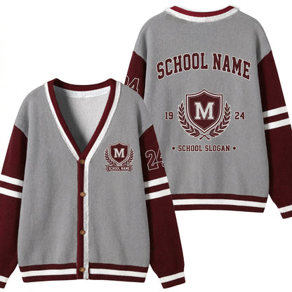 Personalized School Name Crest Est Year Slogan Teacher Ugly Cardigan Sweater