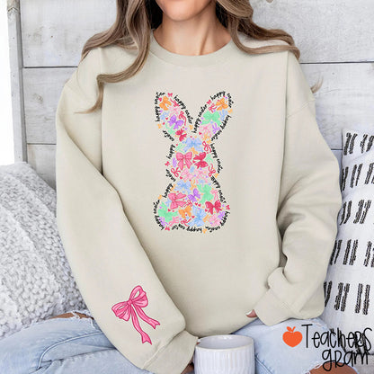 Coquette Bow Bunny Teacher Sleeve Print Sweatshirt