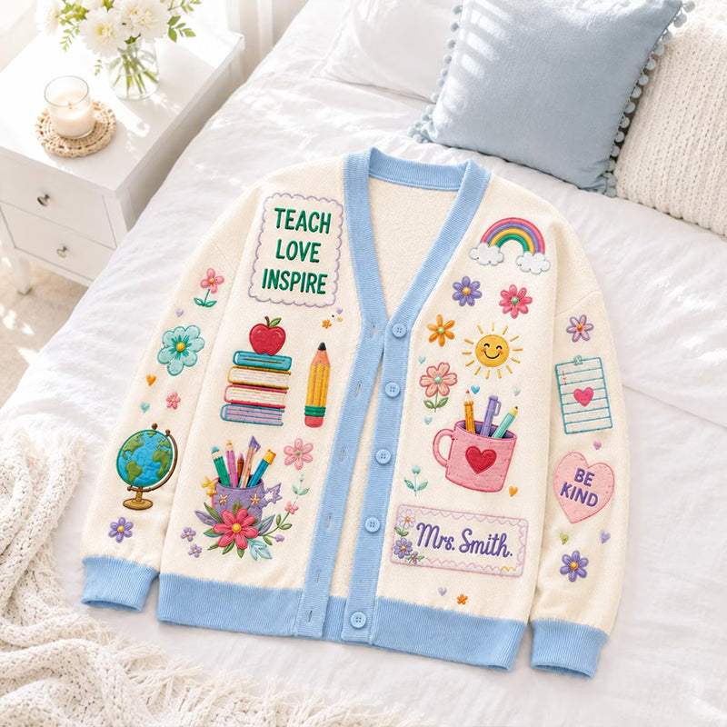 Personalized Name Teach Love Inspire Floral Teacher Ugly Cardigan Sweaters