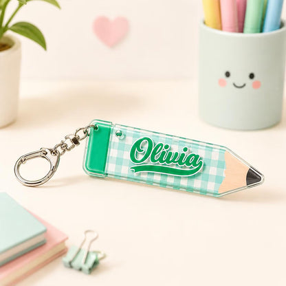 Personalized Name Gingham Pencil Teacher Keychain