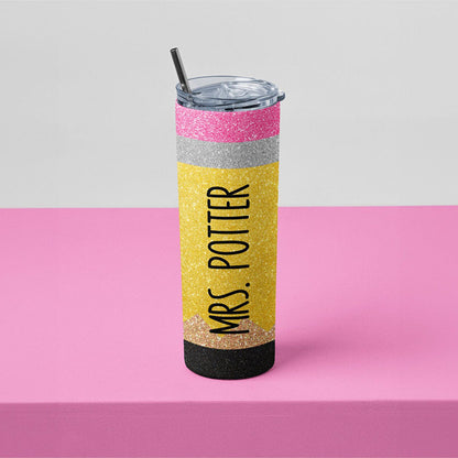 Personalized Name Glitter Pencil Apple Teacher Tumbler