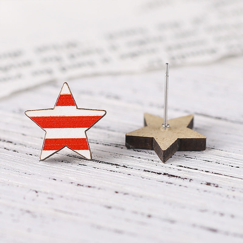Pentagram Heart Shaped American Flag Teacher Wooden Earrings