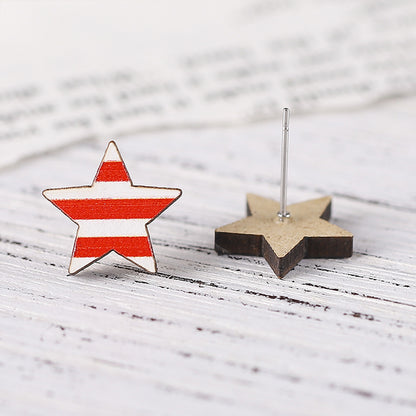 Pentagram Heart Shaped American Flag Teacher Wooden Earrings