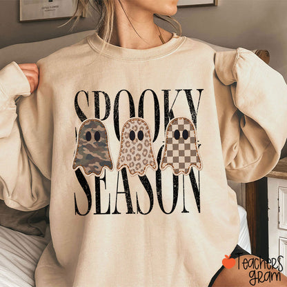Spooky Season Pattern Ghost Teacher Sweatshirt