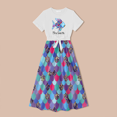Personalized Name Glitter Cartoon Fish Teacher One Piece Dress