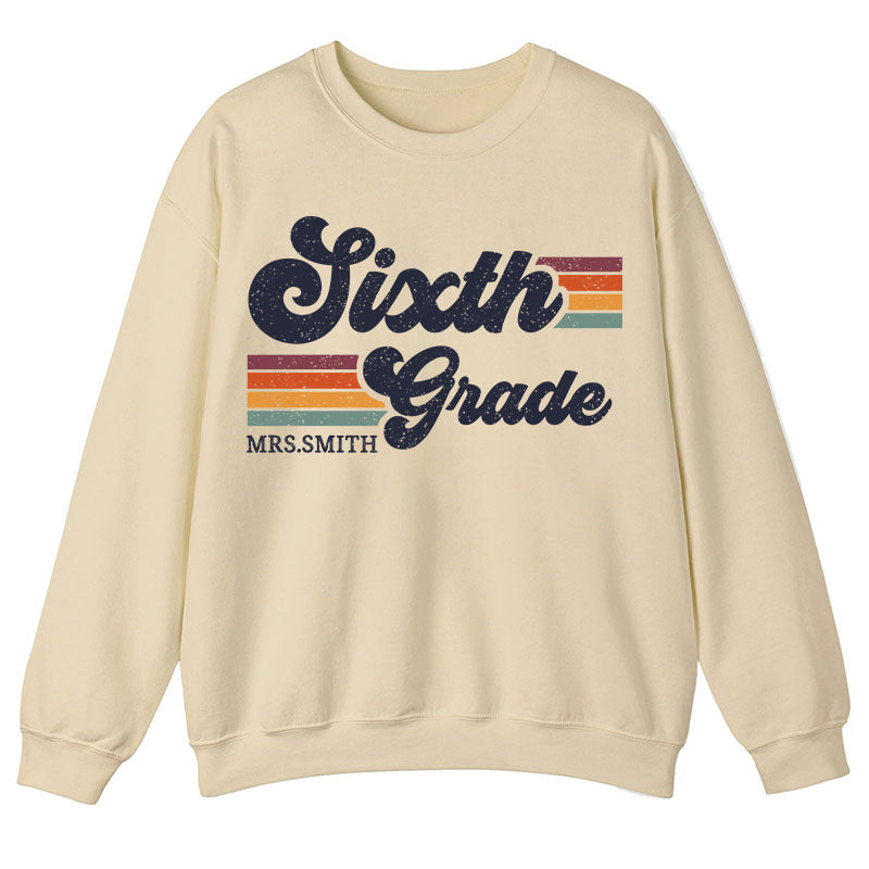Personalized Grade And Name Retro Horizontal Stripes Teacher Sweatshirt