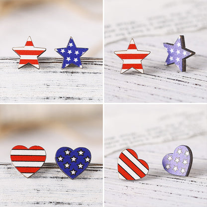 Pentagram Heart Shaped American Flag Teacher Wooden Earrings
