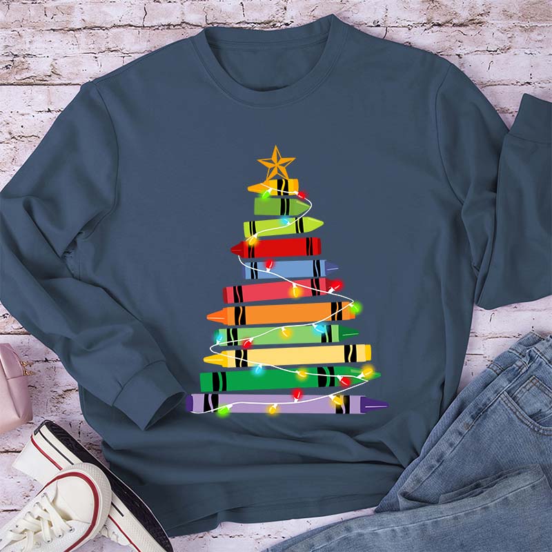 Crayons Tree Colored Ligths Teacher Long Sleeve T-Shirt