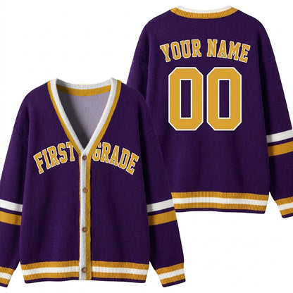Personalized Grade Name Number V‑Neck Striped Button Teacher Ugly Cardigan Sweaters