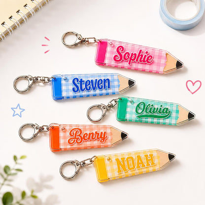 Personalized Name Gingham Pencil Teacher Keychain