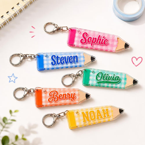 Personalized Name Gingham Pencil Teacher Keychain