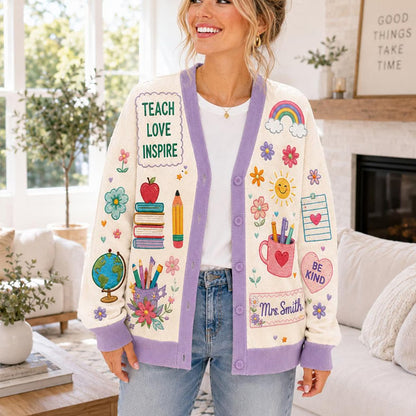 Personalized Name Teach Love Inspire Floral Teacher Ugly Cardigan Sweaters