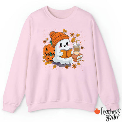 Reading Ghost Pumpkin Halloween Teacher Sweatshirt