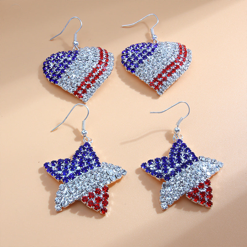 Independence Day Diamond Heart Pentagram Teacher Metal Earrings