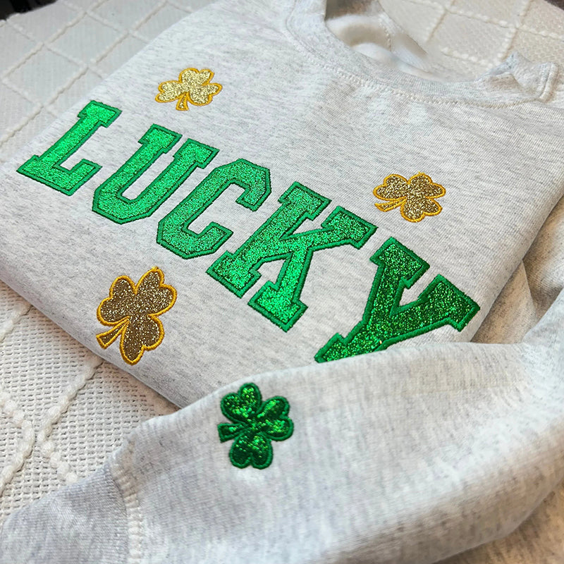 Lucky Glitter Embroidered St. Patrick's Day Teacher Sweatshirt