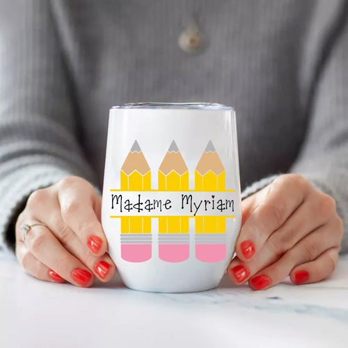 Personalized Yellow Pencil   Teacher Name  Wine Tumbler