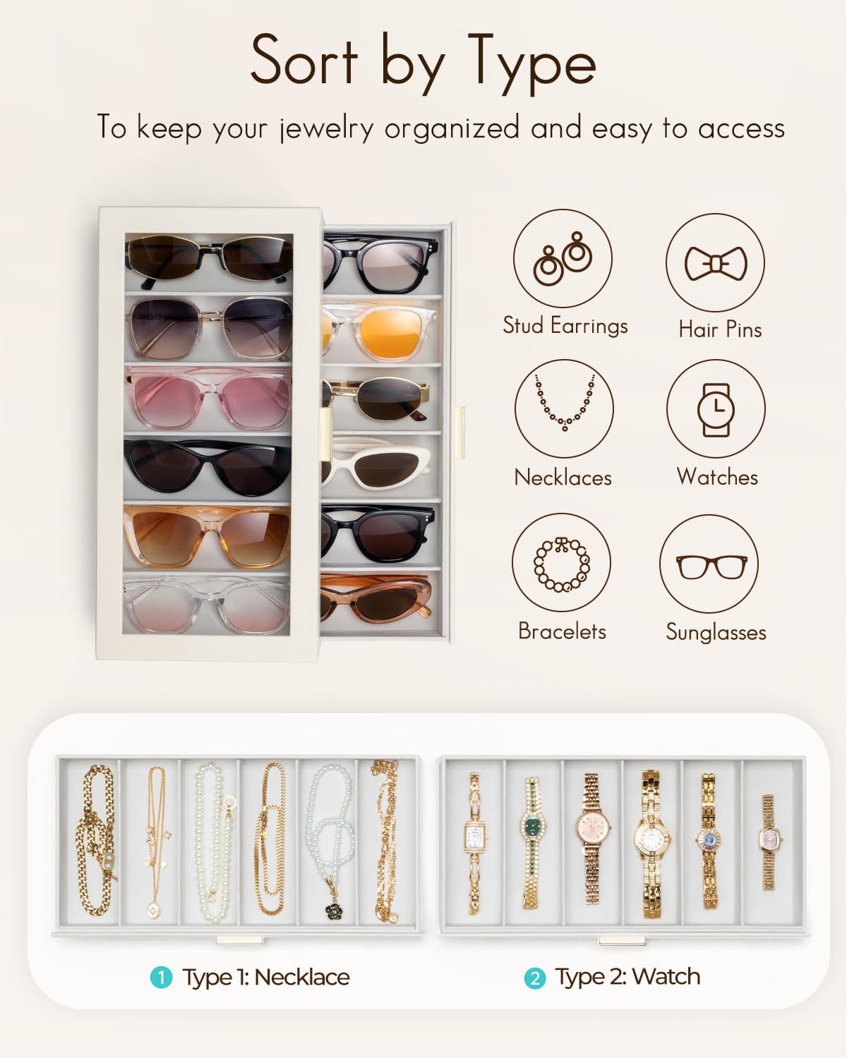 12-Slot Sunglasses Organizer Case with Clear Lid & Drawers – Velvet Eyewear Storage Box for Sunglasses, Glasses & Reading Frames, Vanity and Closet Organization